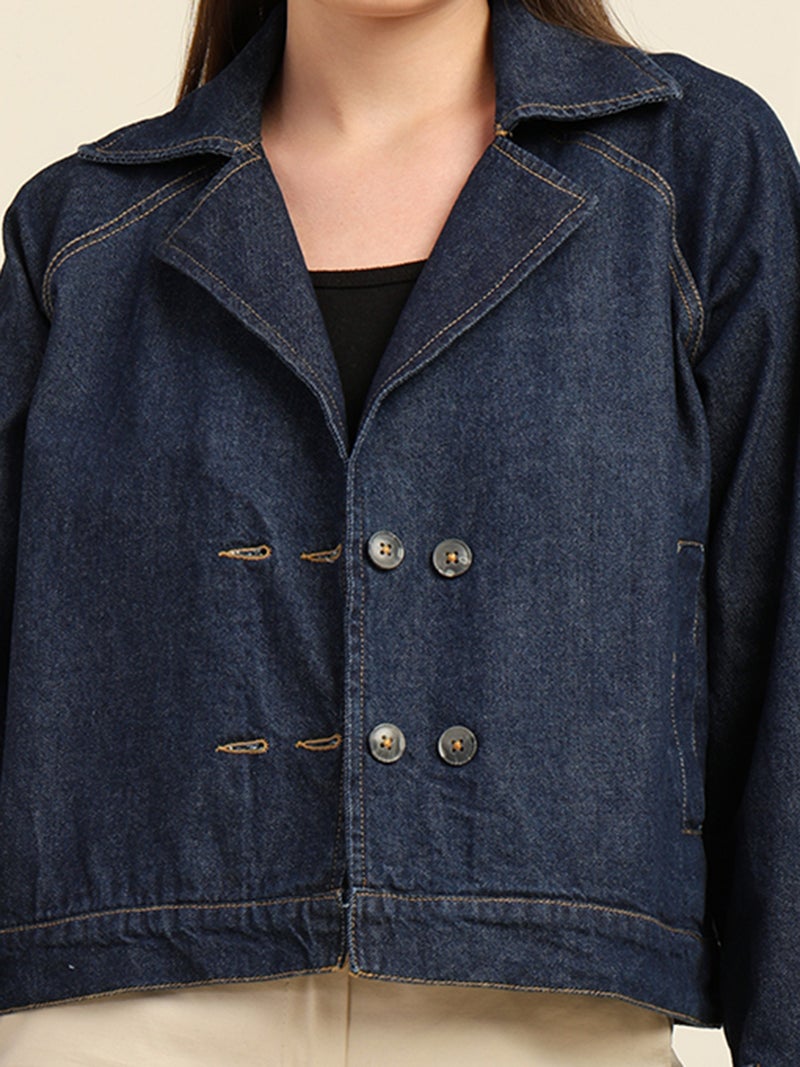 7OUNCE Denim Trench Jacket for Women - Dark Blue - Image 2